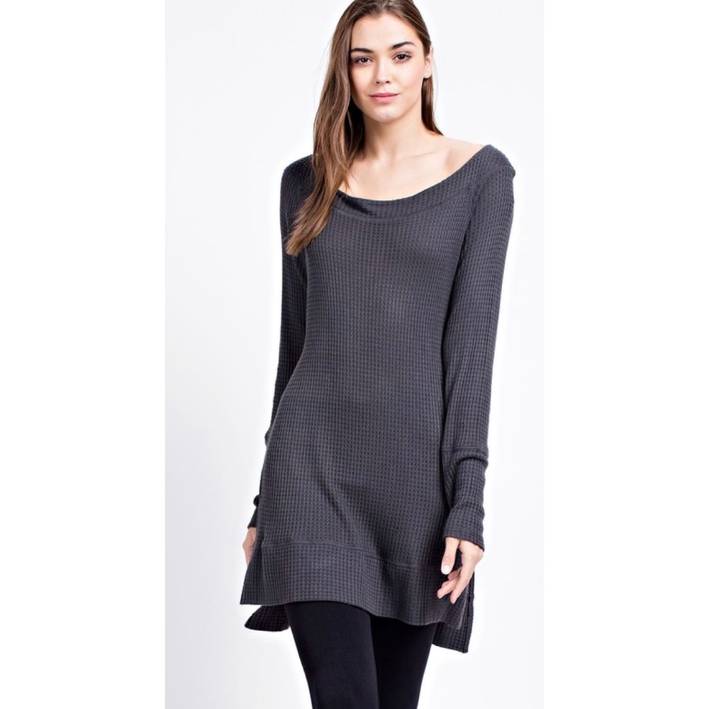 Charcoal Grey Waffle Knit Tunic Long Sleeve Top